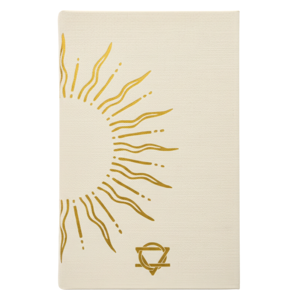 Beige towel with gold abstract design and logo on a white background