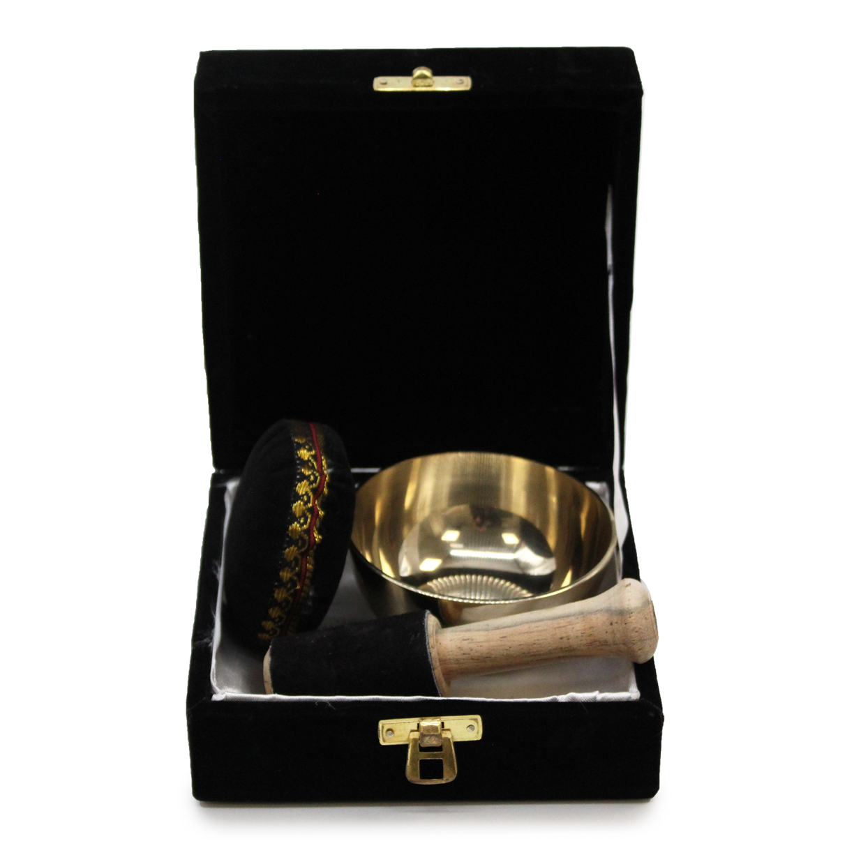 Brass Singing Bowl Set - bowl, and wooden tool in a black velvet box on a white background.