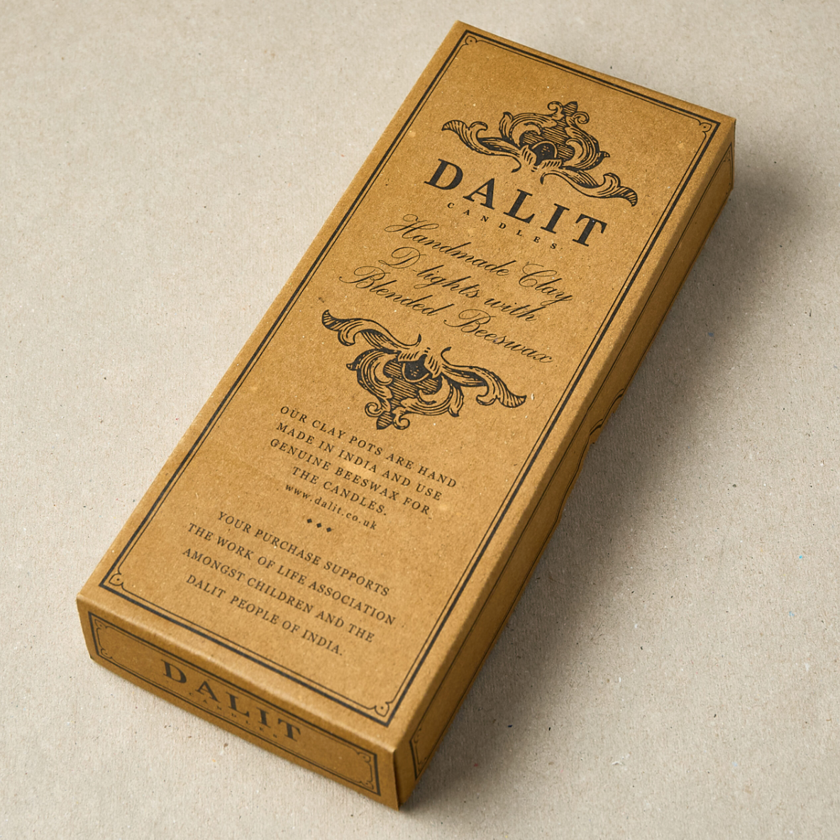 Brown box with 'DALIT' branding on a beige background