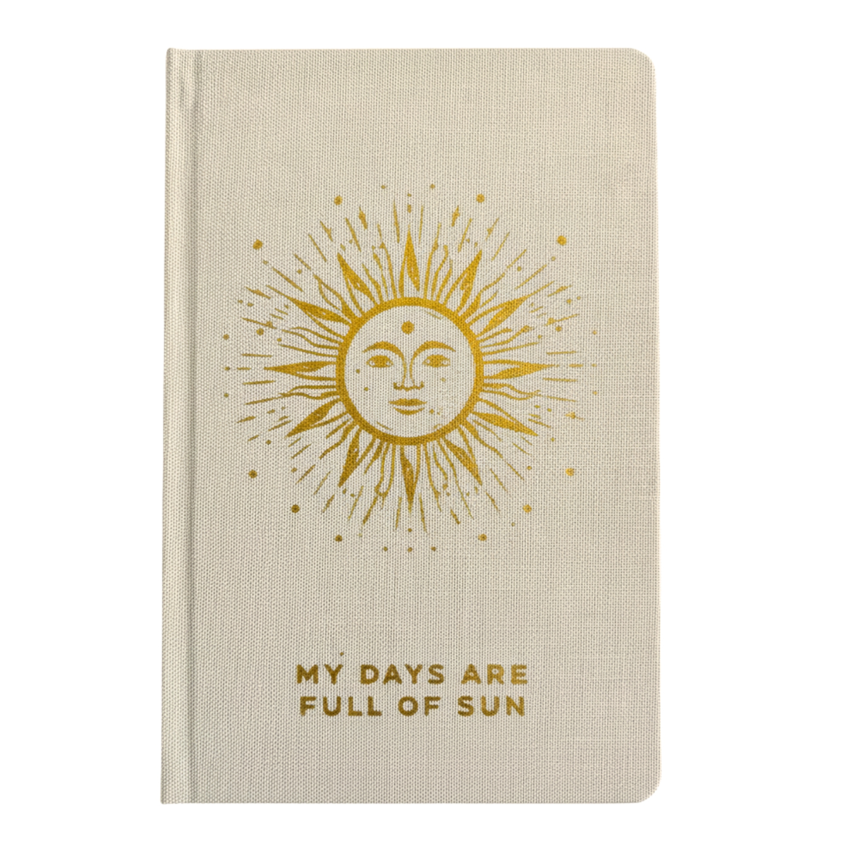 Beige notebook with gold sun design and text on a white background