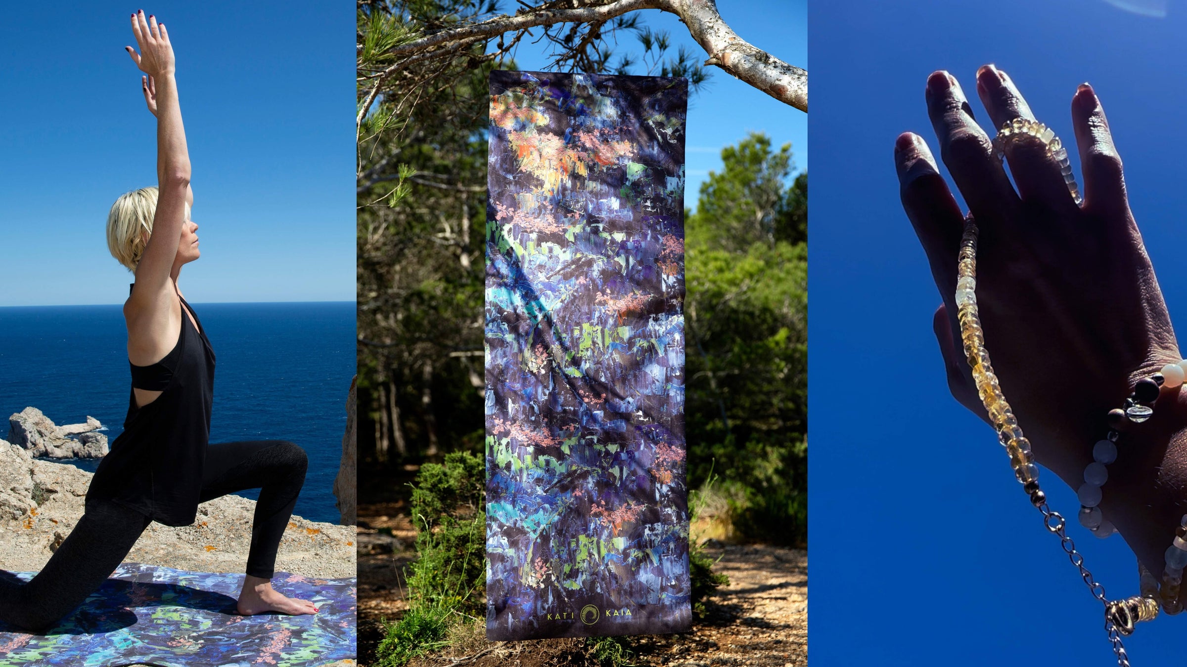 Collage of a woman practicing yoga, a colorful yoga mat, and a close-up of a hand with jewelry.