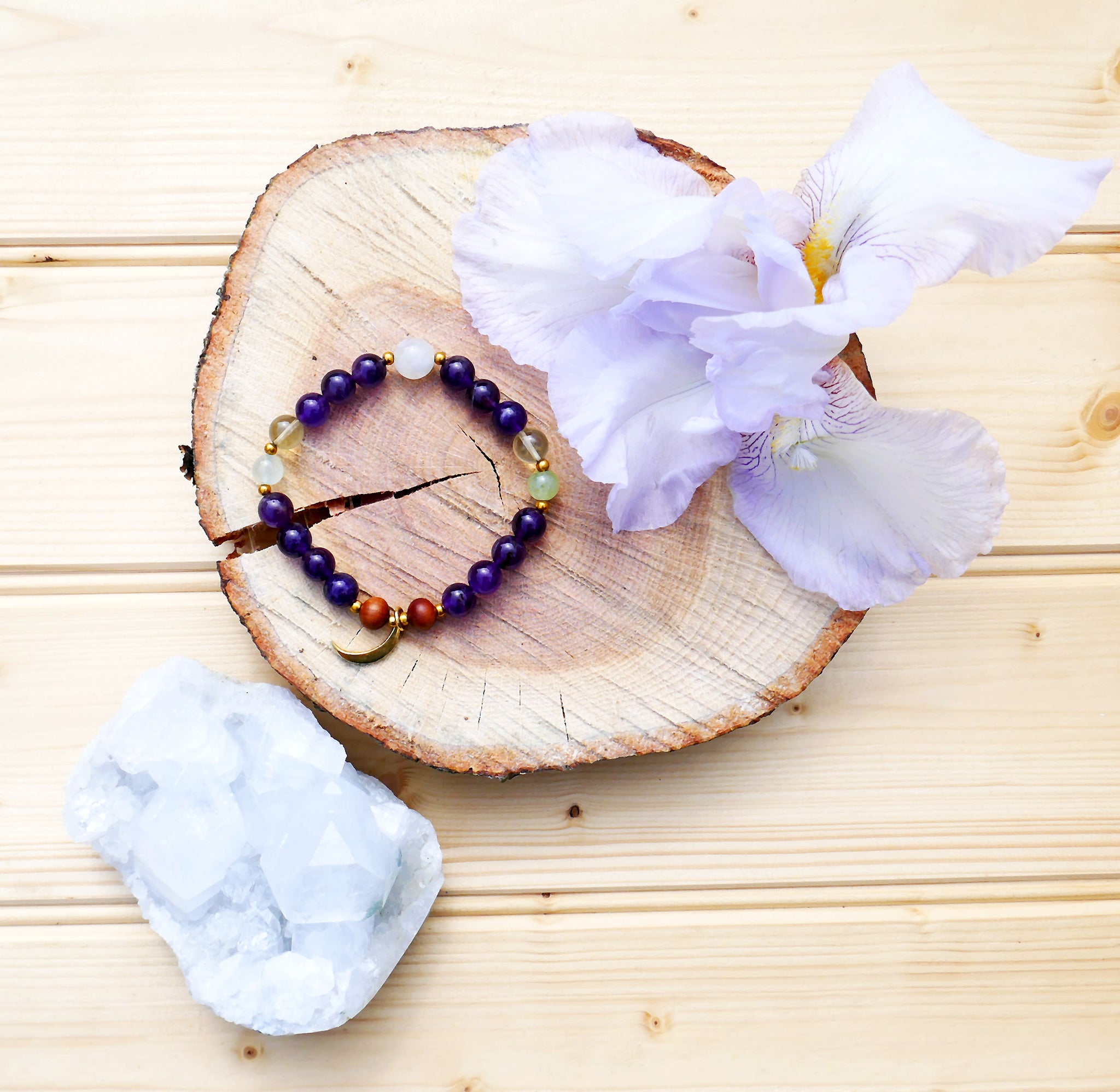 Amethyst Mala Bracelet with moonstone, quartz, prehnite and sandalwood for meditation and mindfulness by Kati Kaia