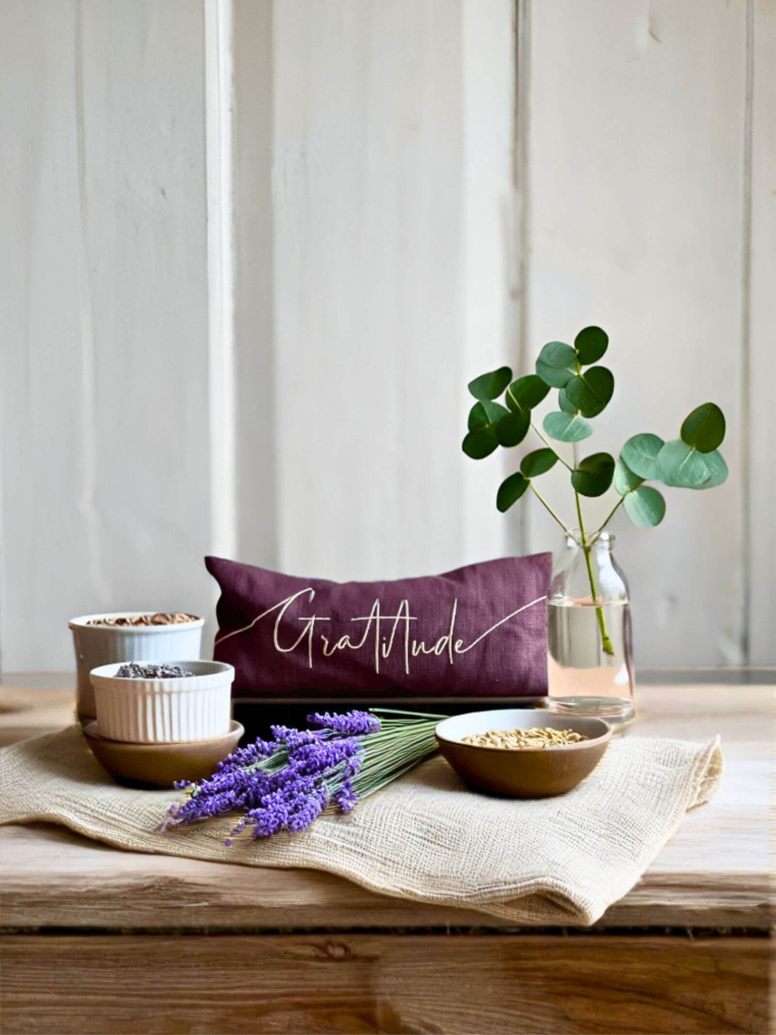 Gratitude Embroidered Linen and Lavender Eye Pillow - Kati Kaia