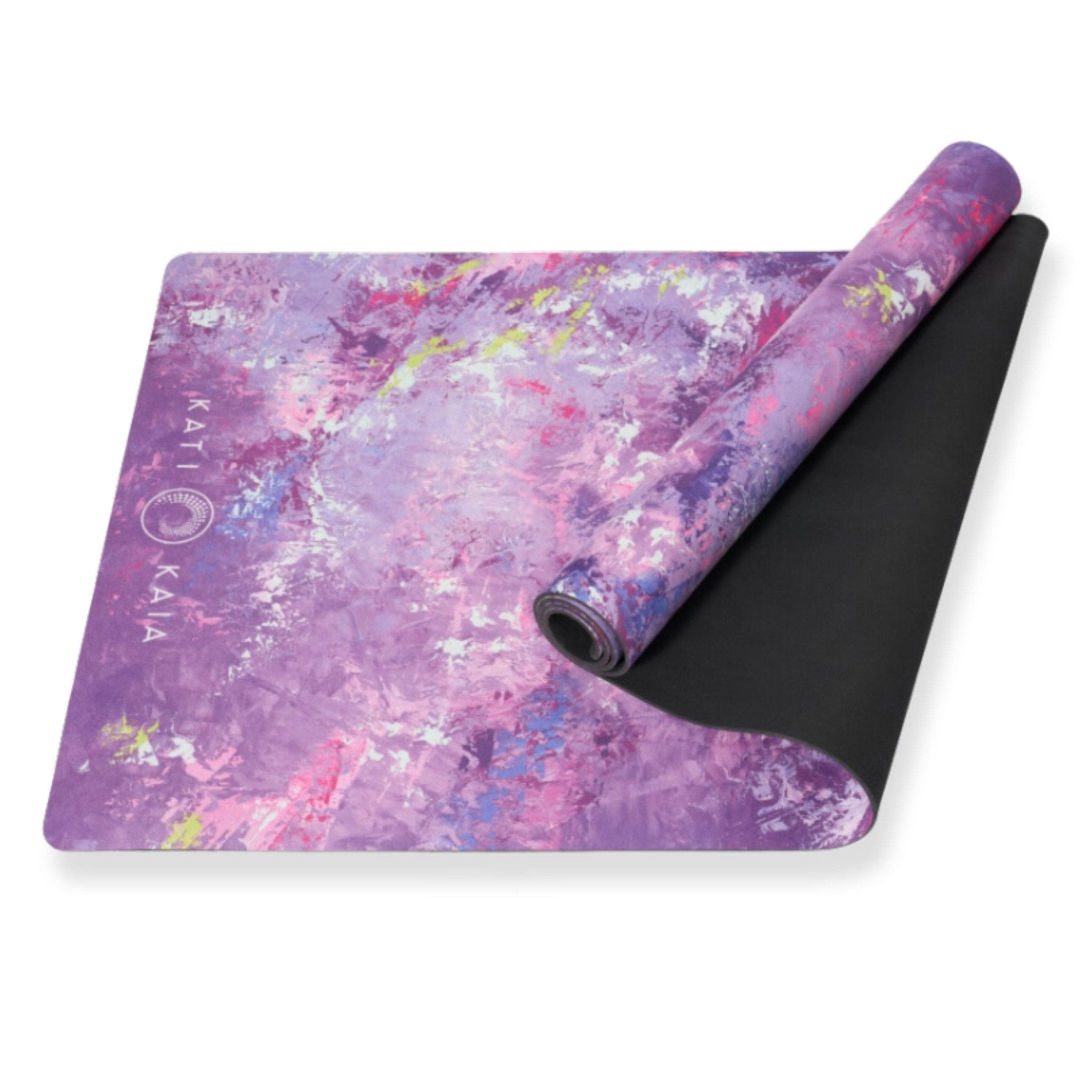 Kati Kaia artistic yoga mat in purple with abstract paint design and non-slip black underside