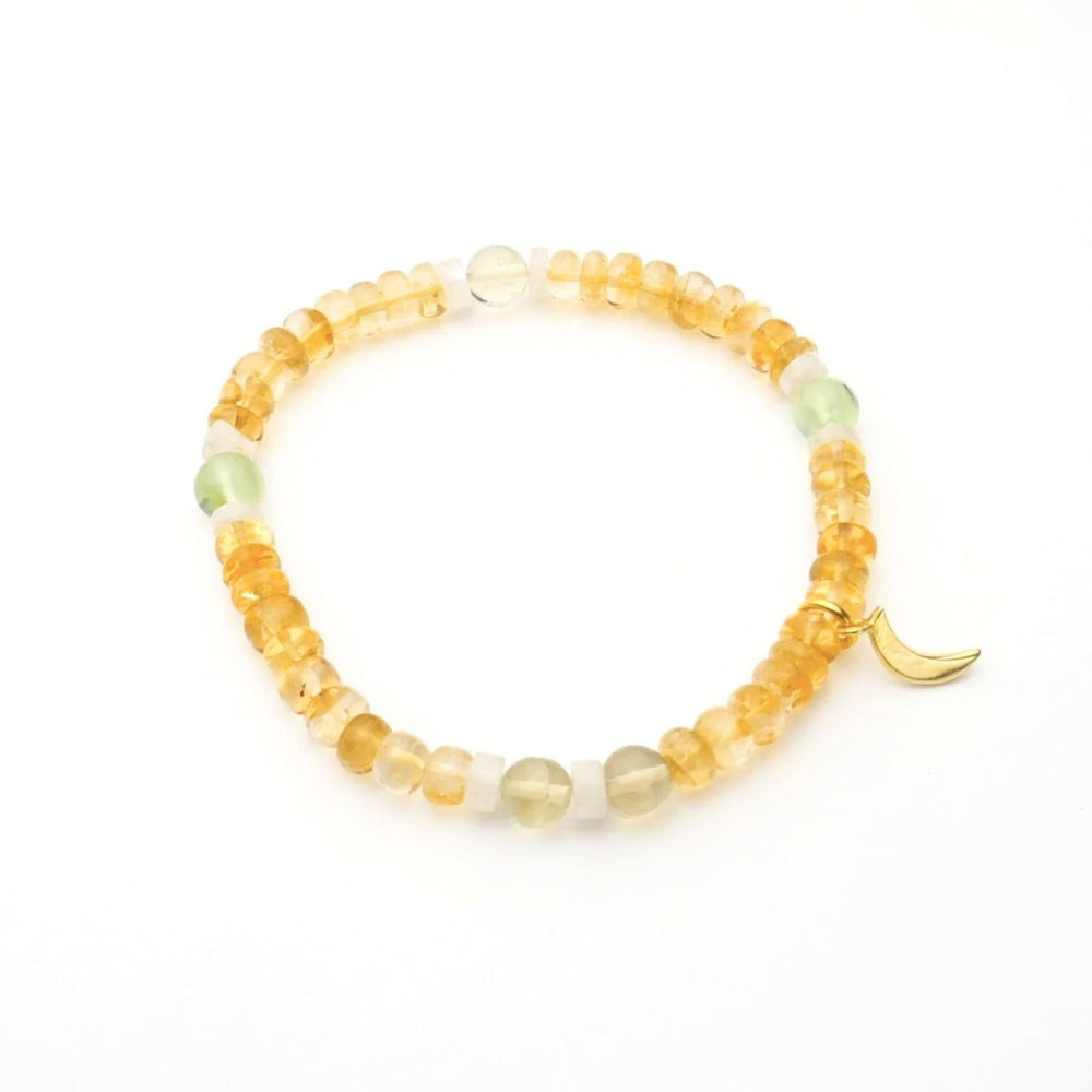 Kati Kaia citrine crystal set for meditation bracelet with yellow and green beads and crescent charm