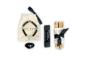 Kati Kaia mala bracelet and palo santo gift set with black and turquoise beads and cleansing items