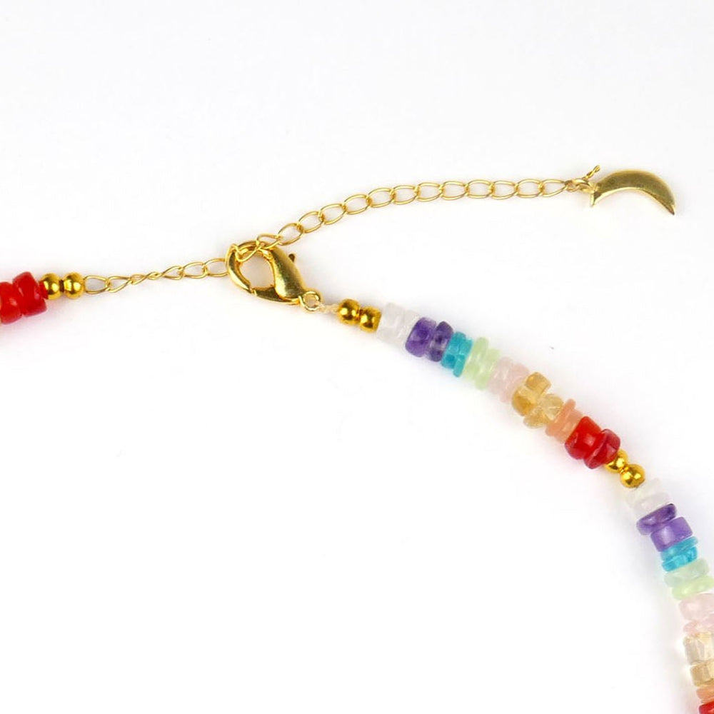 Kati Kaia crystal energy jewellery multicoloured beaded necklace with gold clasp and moon charm