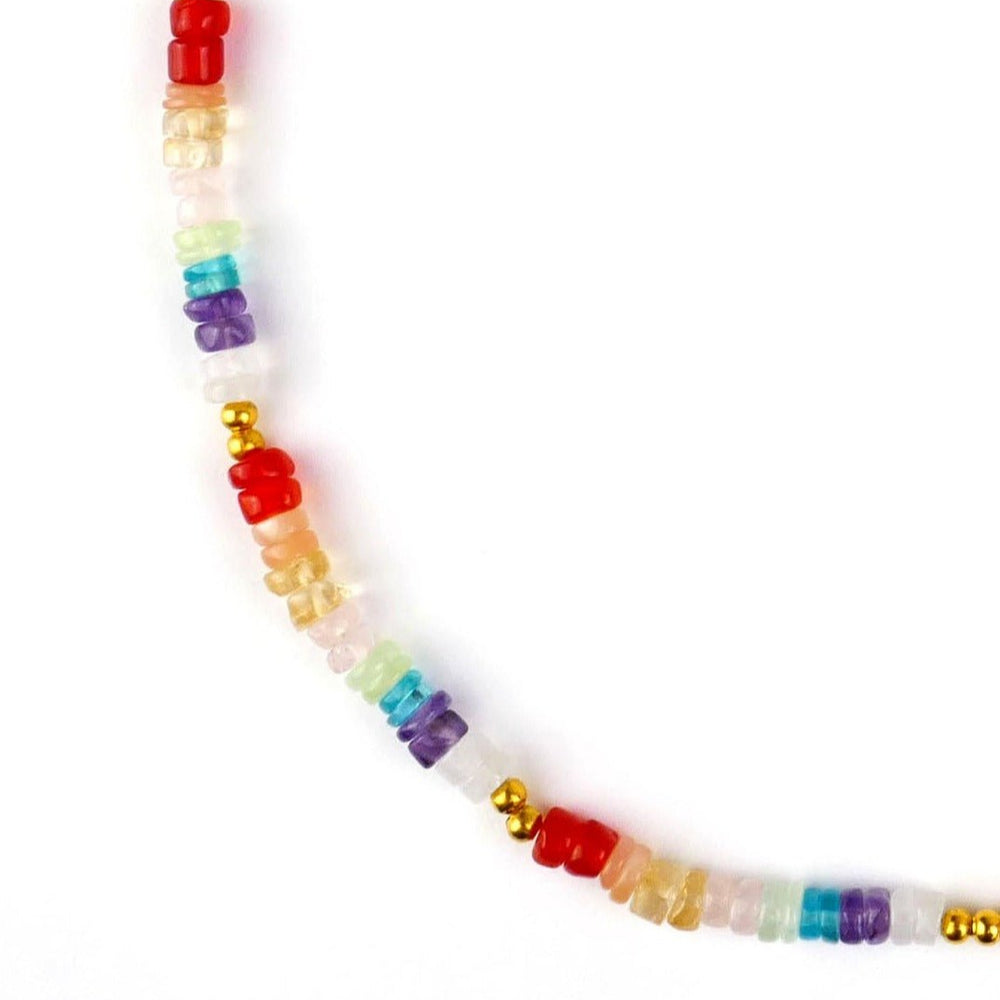 Kati Kaia colourful beaded crystal energy jewellery necklace with red, purple, blue and gold beads