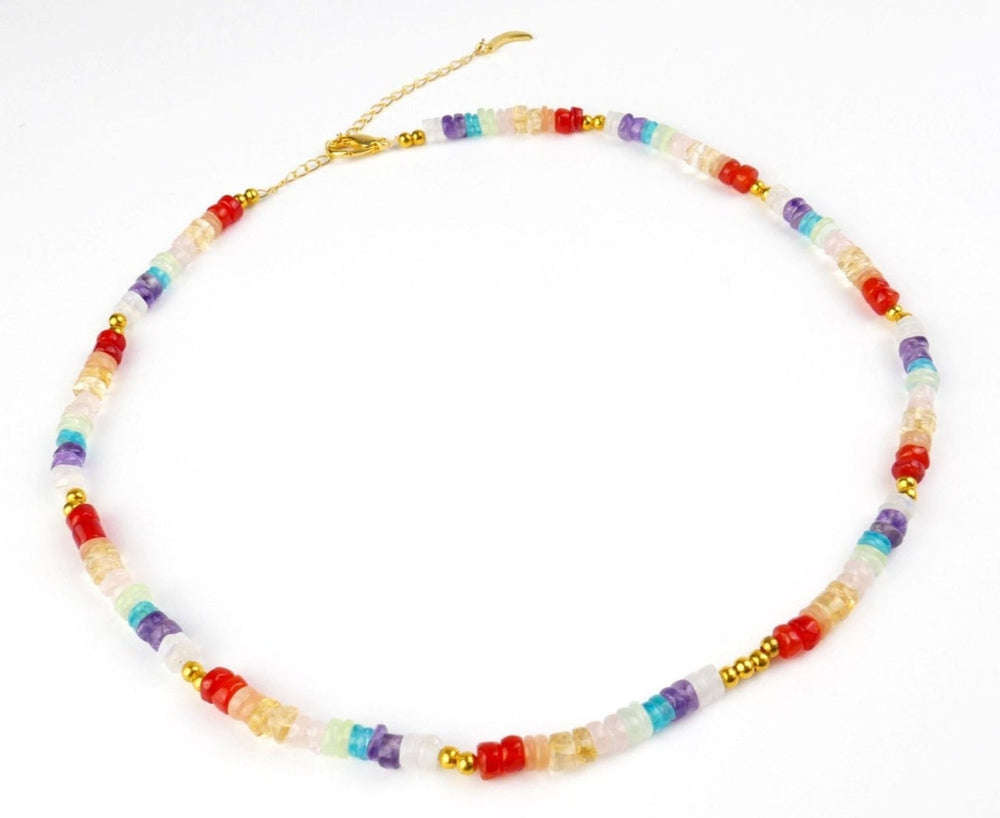 Kati Kaia multicolour beaded crystal energy jewellery necklace with gold accents and adjustable clasp