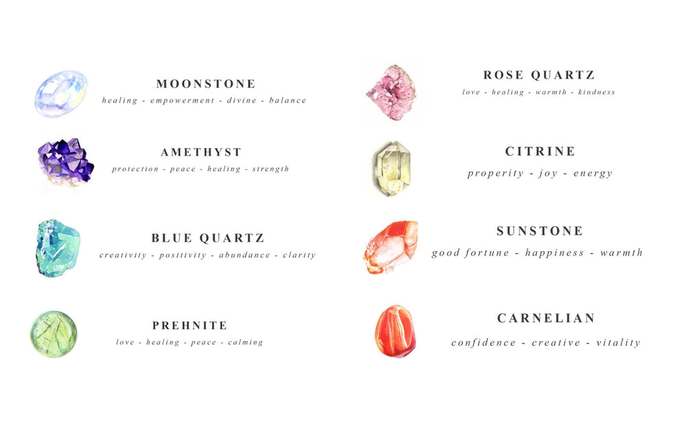 Kati Kaia crystal energy jewellery featuring various healing stones like moonstone, amethyst, rose quartz, and carnelian