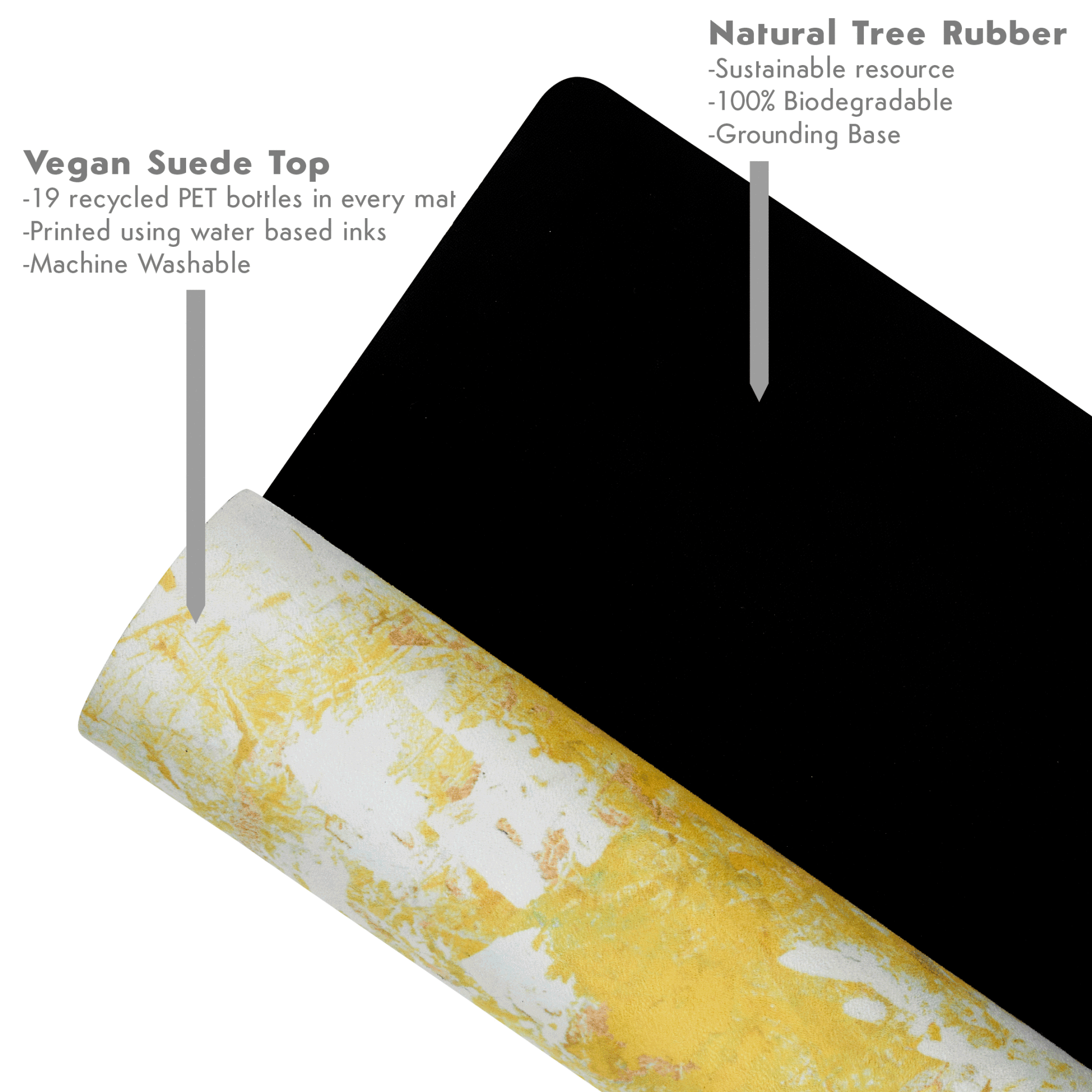 Kati Kaia lightweight sport yoga mat with vegan suede top and natural tree rubber base in white and yellow