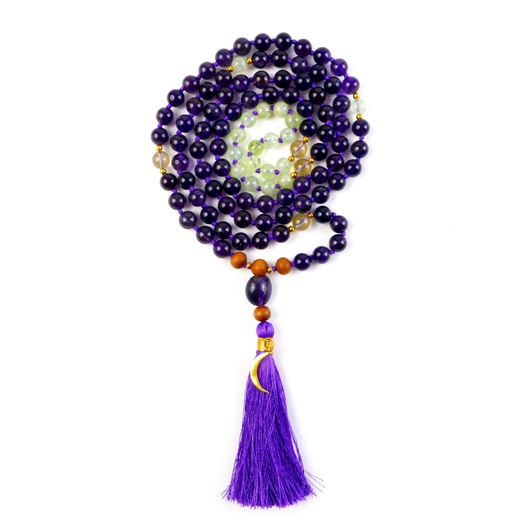 Kati Kaia amethyst mala necklace with deep purple beads and purple tassel for yoga and meditation