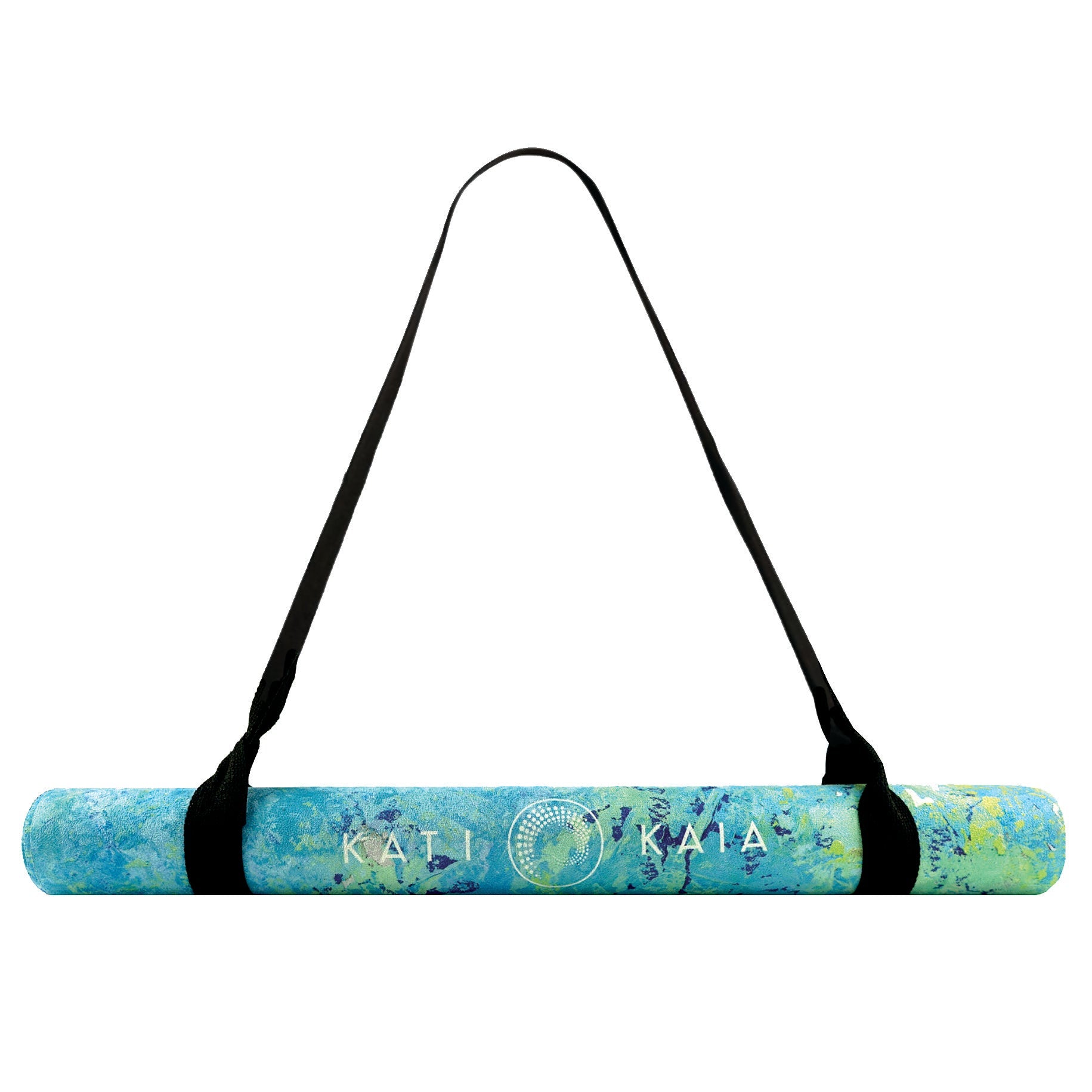 Kati Kaia artist yoga travel mat rolled up with black carrying strap and blue green design