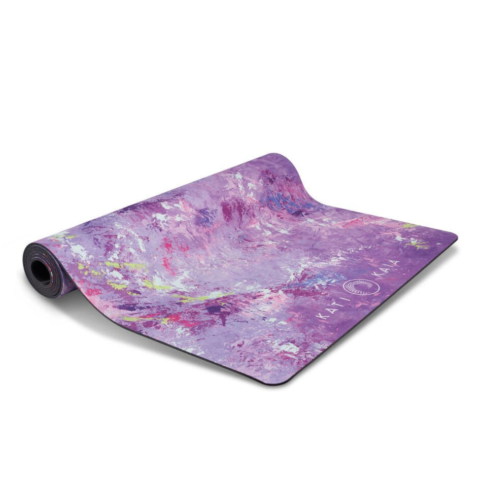 Kati Kaia artistic yoga mat in purple with abstract colourful design and non-slip surface