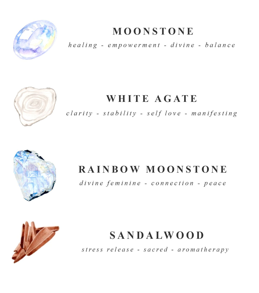 Healing properties and benefits of moonstone, white agate, rainbow moonstone, and sandalwood for yoga mala use