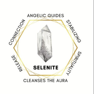 Selenite crystal illustration surrounded by words describing its benefits for spiritual cleansing and aura release