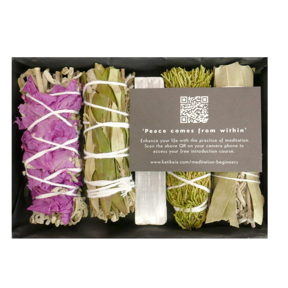 Kati Kaia dried flower sage and cedar kit with tied sage bundles and meditation guide card