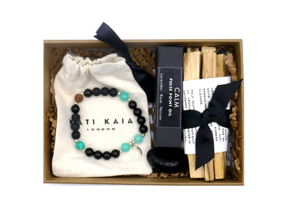 Kati Kaia mala bracelet and palo santo gift set with calm pulse point oil and natural wood sticks