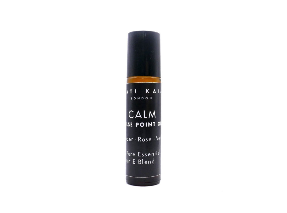 Kati Kaia calm essential oil roll-on included in mala bracelet and palo santo gift set