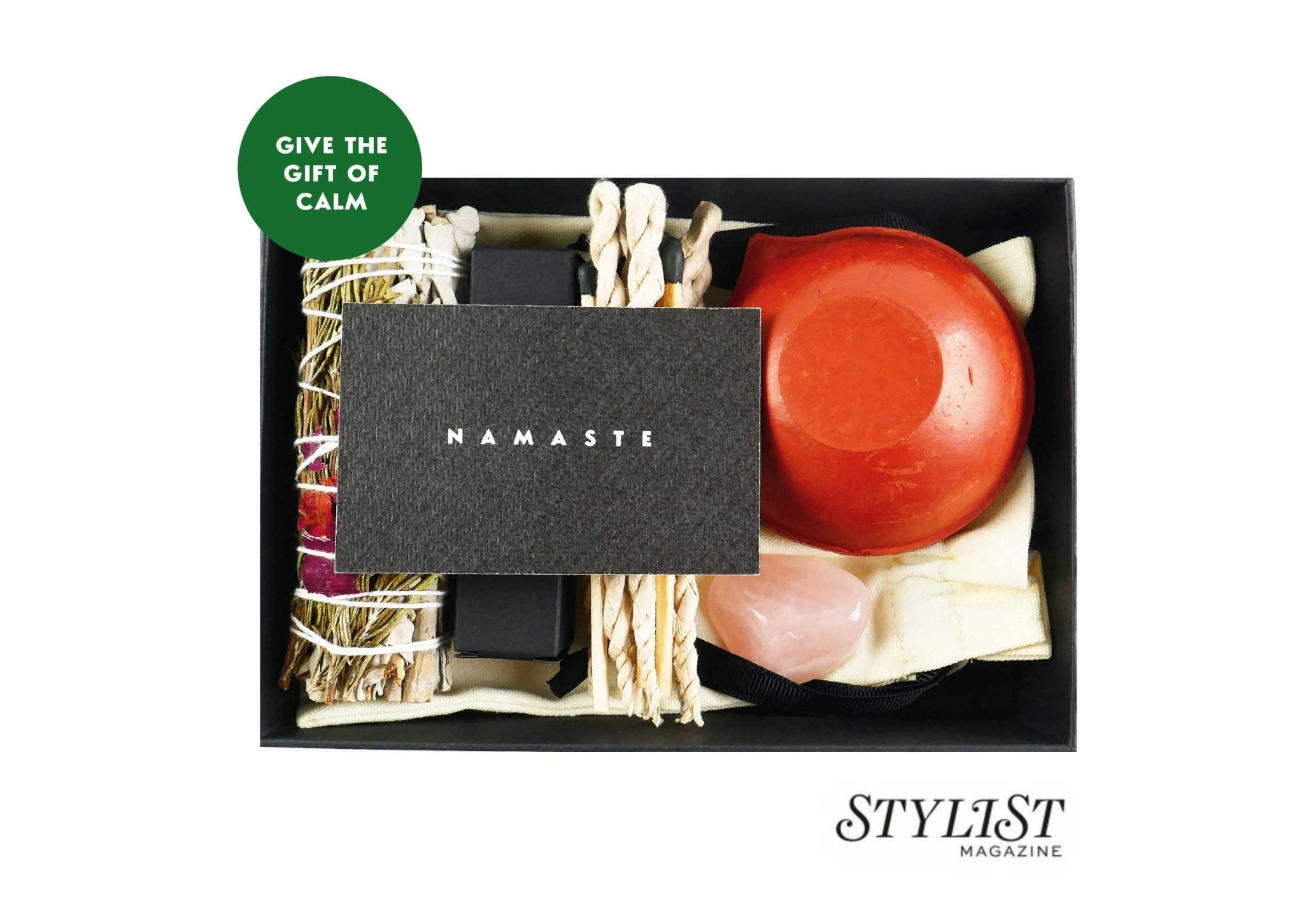 Kati Kaia mind meditation cleanse box with natural smudge sticks, rose quartz, and red singing bowl for calm
