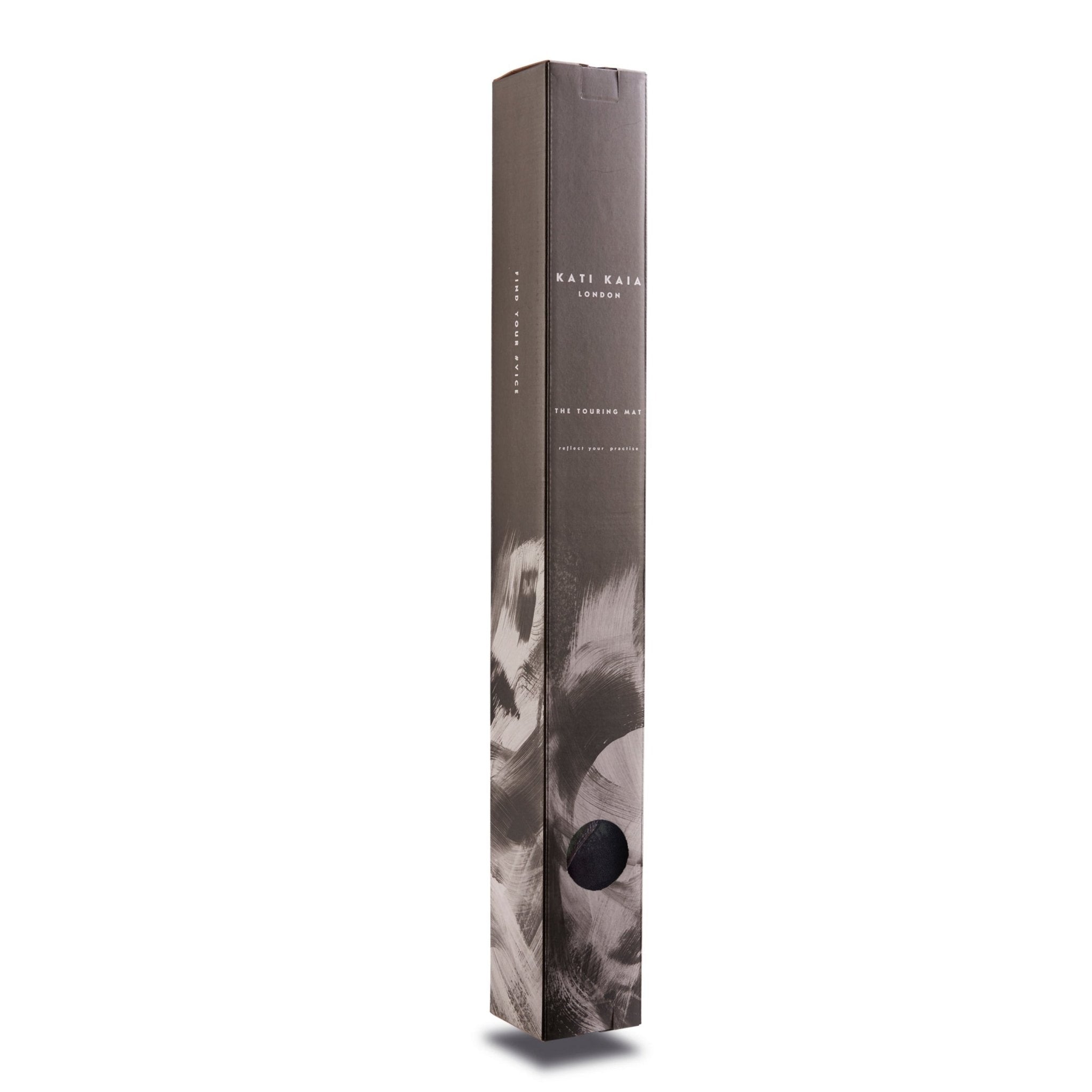 Kati Kaia portable yoga mat for travel in slim tall grey packaging box with minimalist design