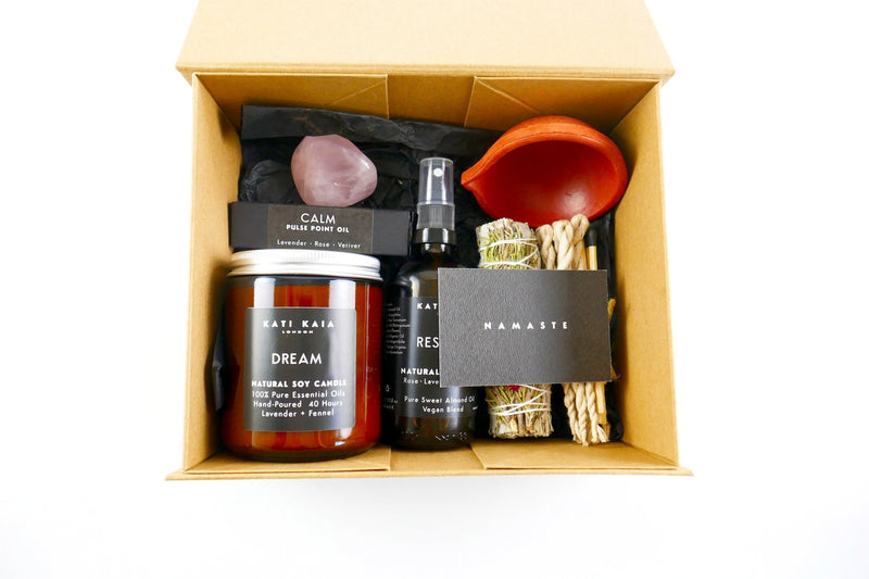 Kati Kaia Yoga Ritual Box with wellbeing and relaxation box including candle sage smudge and essential oil