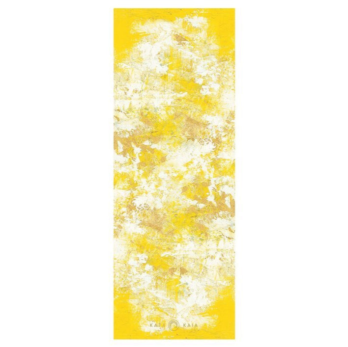 Kati Kaia yellow artist yoga mat with abstract white and gold textured design for yoga practice