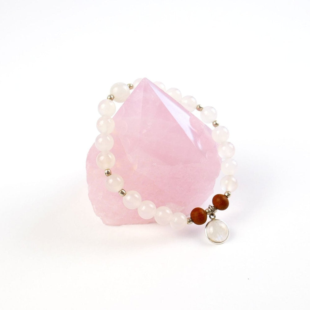 Kati Kaia moonstone mala necklace set with white and brown beads and a crystal pendant on pink quartz