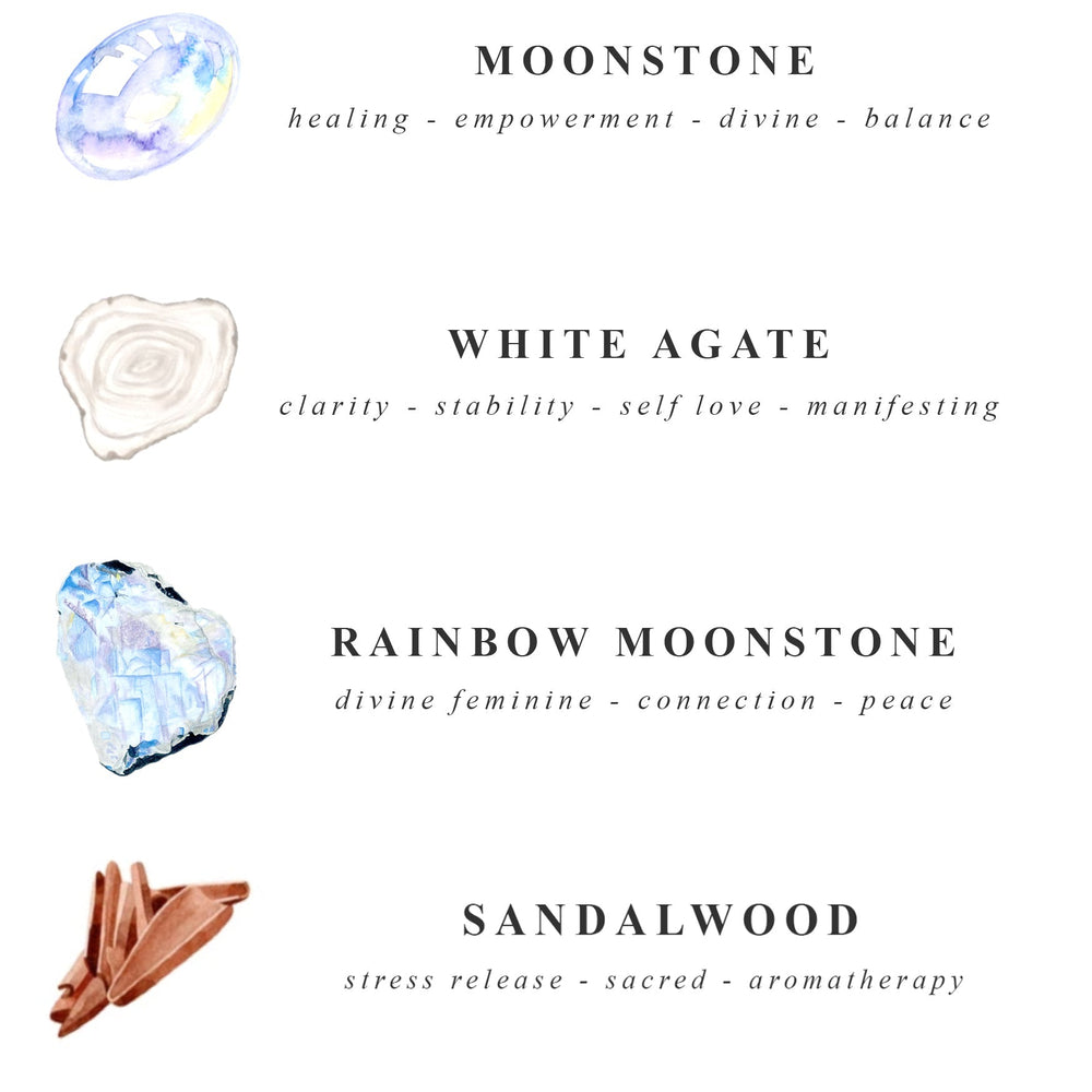 Healing properties of moonstone, white agate, rainbow moonstone and sandalwood for yoga mala necklace set
