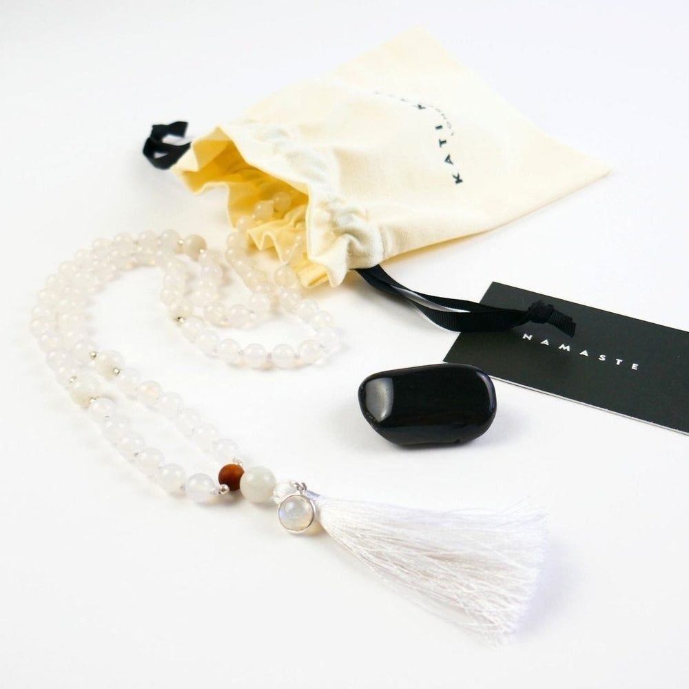 Kati Kaia yoga mala moonstone mala necklace set with white tassel and storage pouch