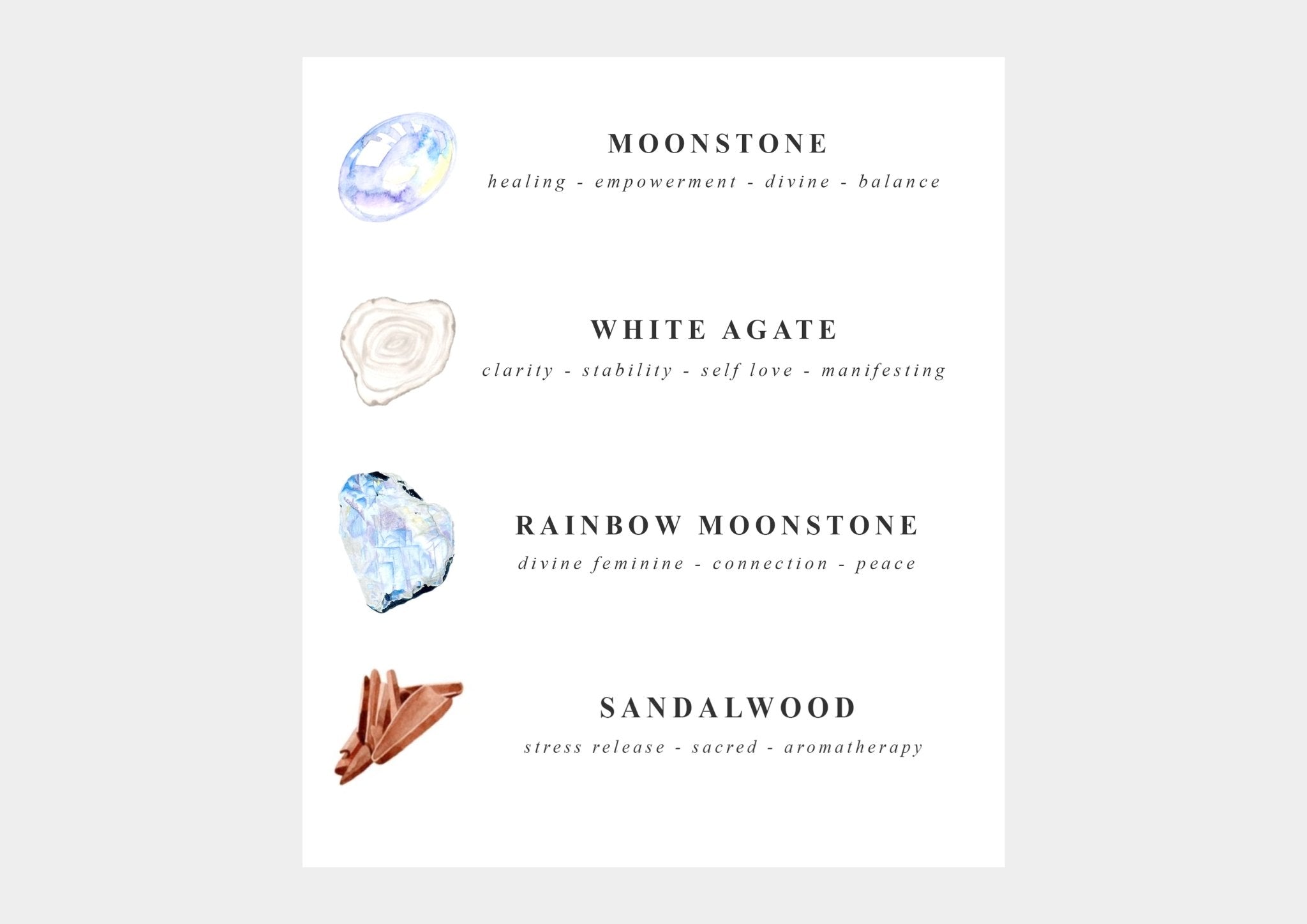 Selene purity mala bracelet stones including moonstone, white agate, rainbow moonstone, and sandalwood by Kati Kaia