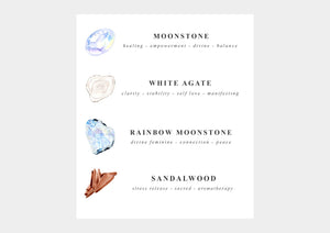 Selene purity mala bracelet stones including moonstone, white agate, rainbow moonstone, and sandalwood by Kati Kaia